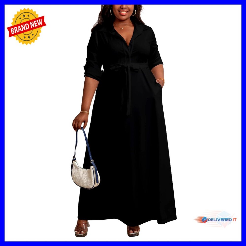 Plus Size Stretchy Shirt Dress With Belt And Pockets, Casual Maxi